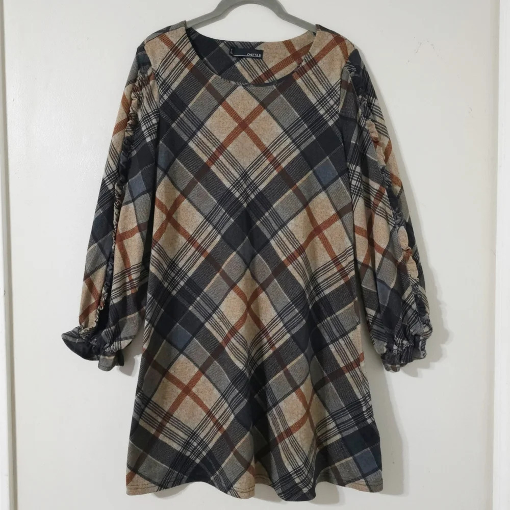 CHETTA B Bias Plaid 3/4 Sleeve Mini Knit Dress, Ruffle Details, Size M - Picture 3 of 15